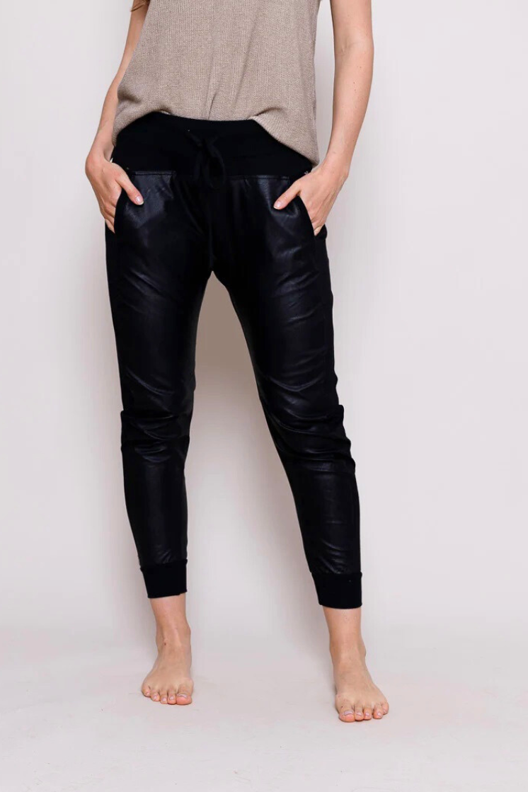 BLACK FAUX LEATHER MIX ULTIMATE JOGGERS