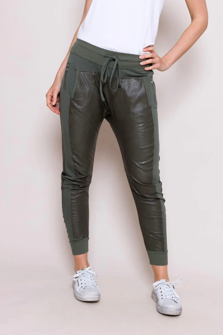 OLIVE FAUX LEATHER MIX ULTIMATE JOGGERS