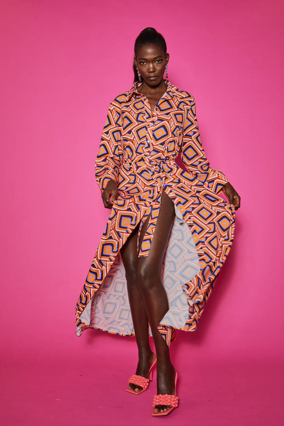 JAYLEY Silk Blend Maxi Shirt Dress in Geometric Print - Womenswear from  Jayley US UK