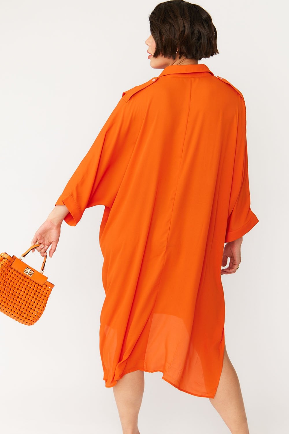 Oversized Orange Silk Blend Shirt Dress
