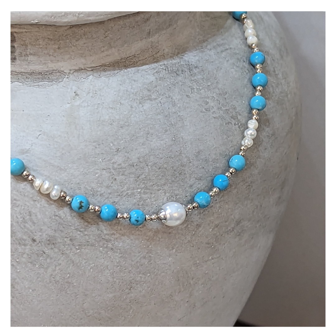 Sterling Silver Turquoise Pearl Choker