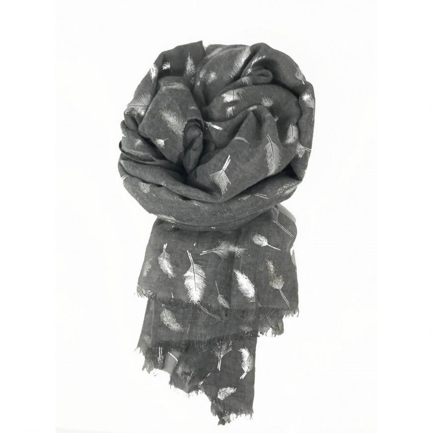 Charcoal Grey Silver Feather Scarf
