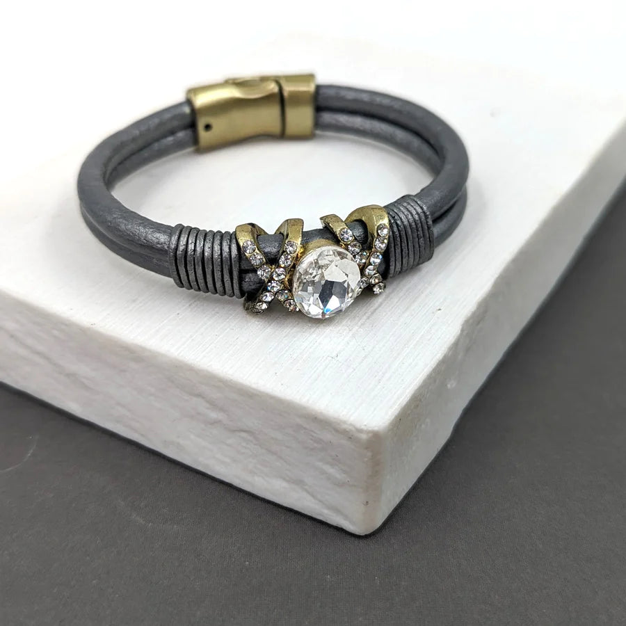 Multi Strand Grey Crystal Leather Cuff Bracelet