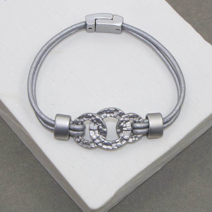 Grey Leather Interlinked Circle Bracelet
