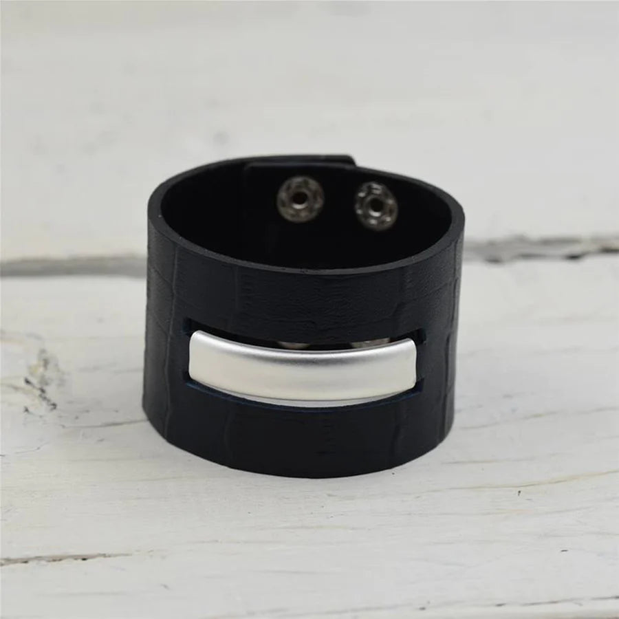Navy Blue Leather Cuff with Matt Silver Detail